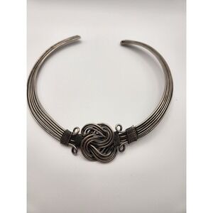 Vntg Silver Tone Wire Wrapped Love Knot Torque Choker Collar Statement Necklace